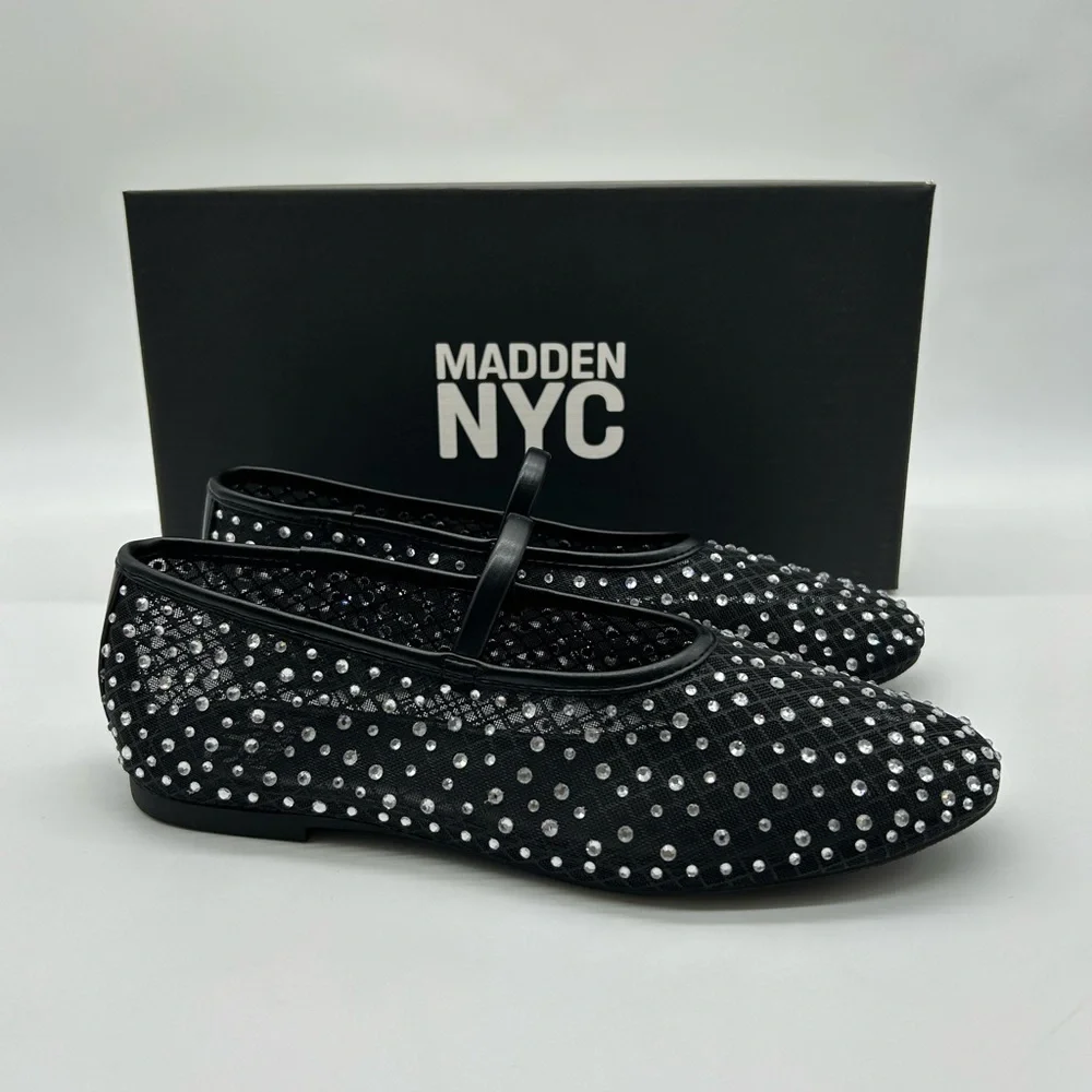 Madden NYC Black Mesh Rhinestone Mary Jane Flats | Size 6 | Vegan | New in Box - Picture 10 of 11